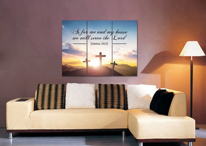 3 Crosses As For Me And My House We Will Serve The Lord Wall Art - Christian Canvas Wall Art