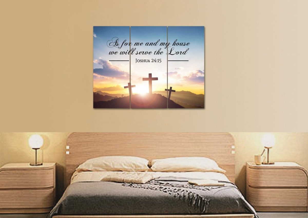 3 Crosses As For Me And My House We Will Serve The Lord Wall Art - Christian Canvas Wall Art