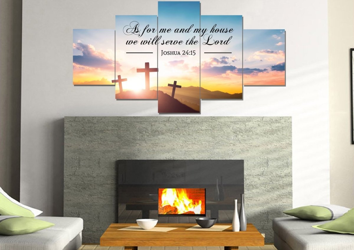 3 Crosses As For Me And My House We Will Serve The Lord Wall Art - Christian Canvas Wall Art