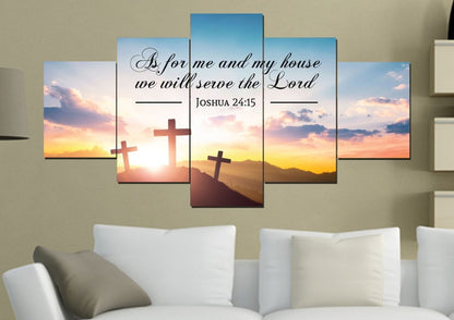 3 Crosses As For Me And My House We Will Serve The Lord Wall Art - Christian Canvas Wall Art