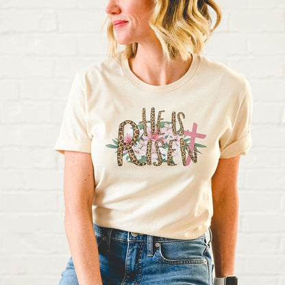 He Is Risen Leopard Pink Roses Tee Shirts For Women - Christian Easter T Shirts