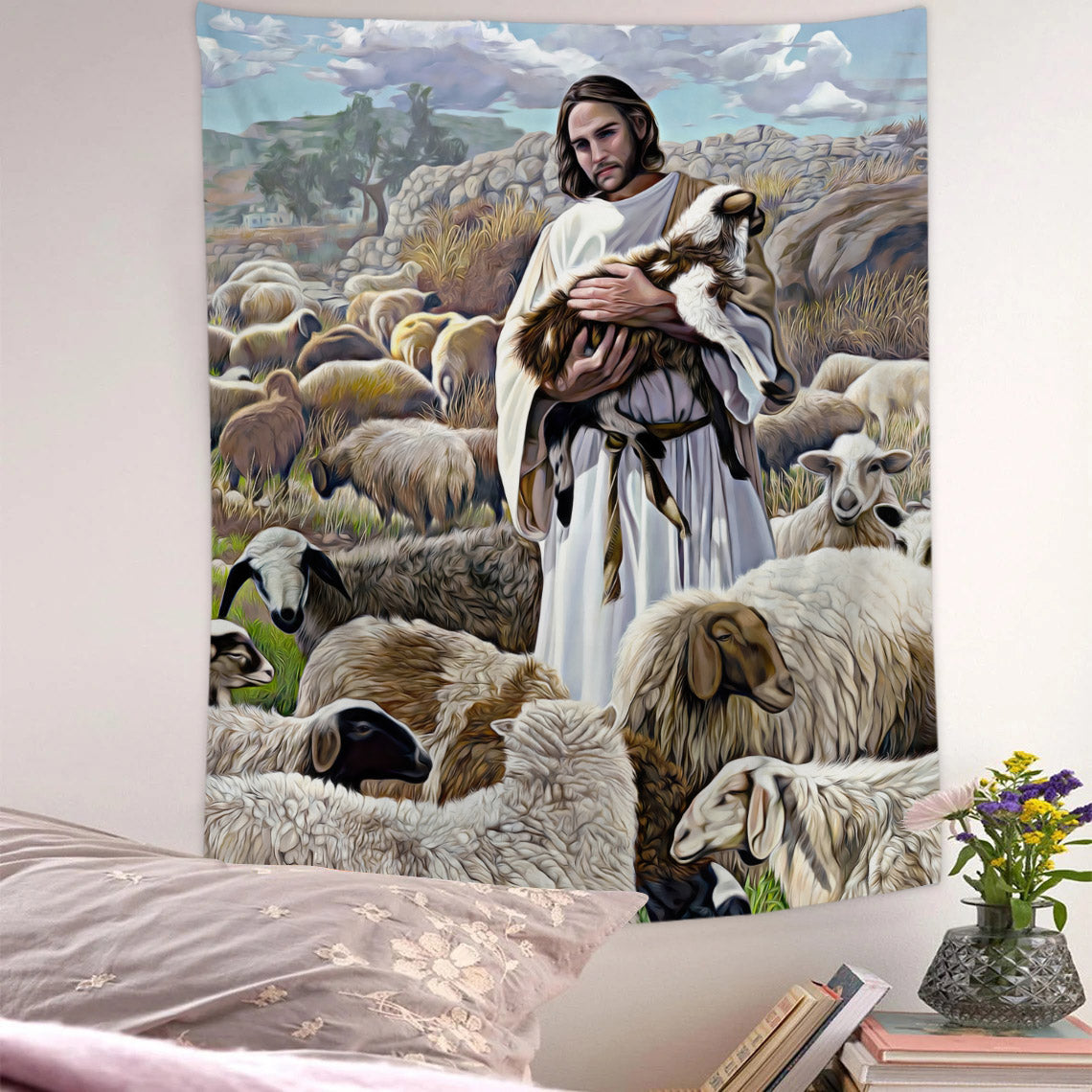 Finding the One Tapestry - Jesus With Lamb Pictures - Jesus Tapestry - Tapestry Wall Hanging - Christian Tapestry Wall Hanging - Ciaocustom