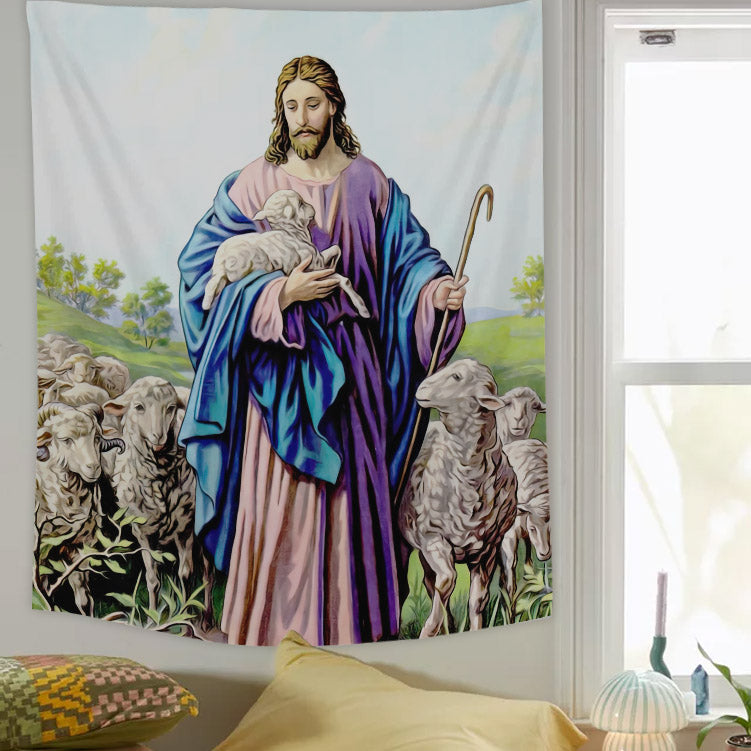 Jesus Holding Lamb Tapestry - Jesus Tapestry - Jesus With Lamb Picture - God Tapestry - Christian Tapestry Wall Hanging - Christian Gift - Ciaocustom