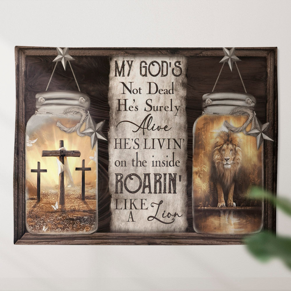 My God's Surely Alive Tapestry - Lion Of Judah With Cross - Christian Wall Tapestry - Religious Tapestry - Bible Verse Wall Tapestry - Ciaocustom