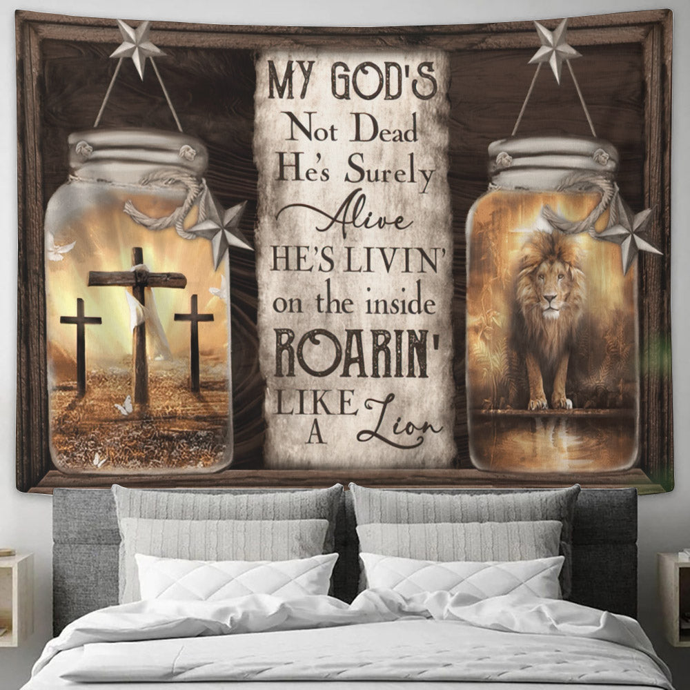 My God's Surely Alive Tapestry - Lion Of Judah With Cross - Christian Wall Tapestry - Religious Tapestry - Bible Verse Wall Tapestry - Ciaocustom