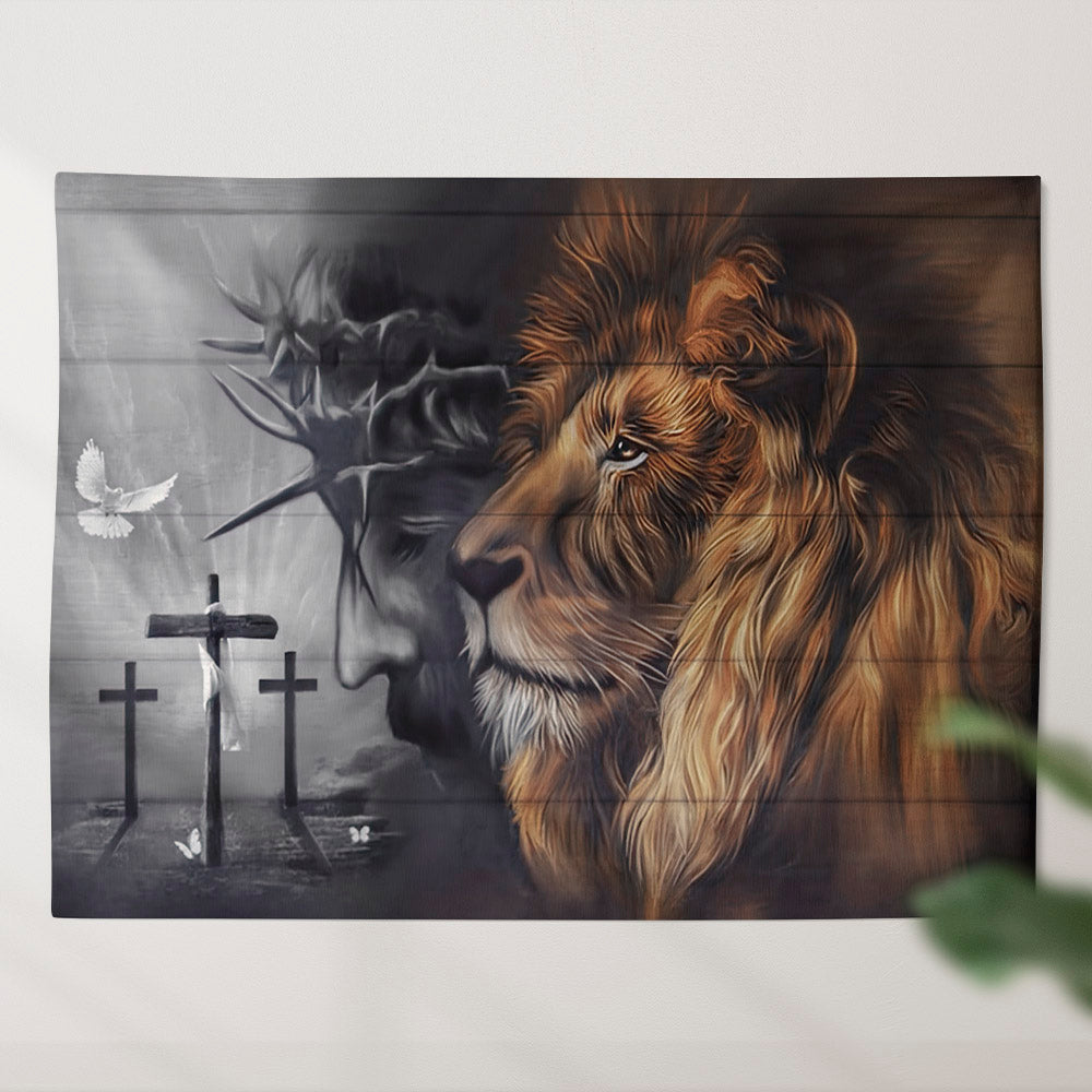Jesus Lion And Cross Tapestry - Jesus Tapestry - Religious Tapestry Wall Hangings - Christian Home Wall Decor - Christian Gift - Ciaocustom
