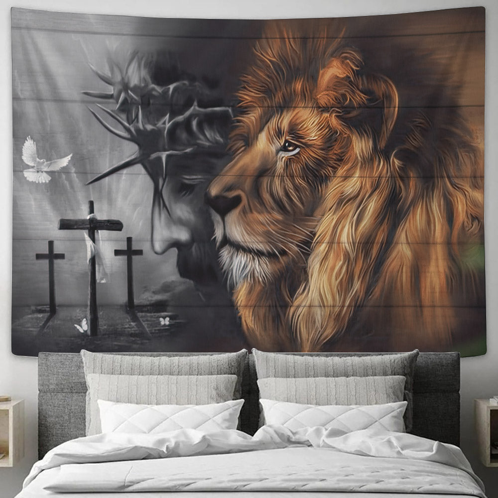 Jesus Lion And Cross Tapestry - Jesus Tapestry - Religious Tapestry Wall Hangings - Christian Home Wall Decor - Christian Gift - Ciaocustom