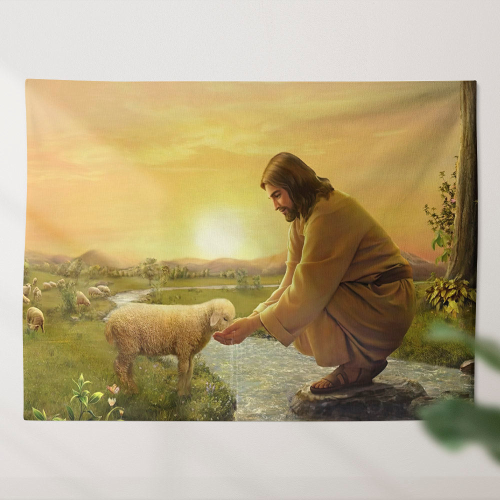 Jesus with Lamb Tapestry - Christ Giving A Lamb Water To Drink - Christian Tapestry - Jesus Wall Tapestry - Religious Tapestry - Ciaocustom