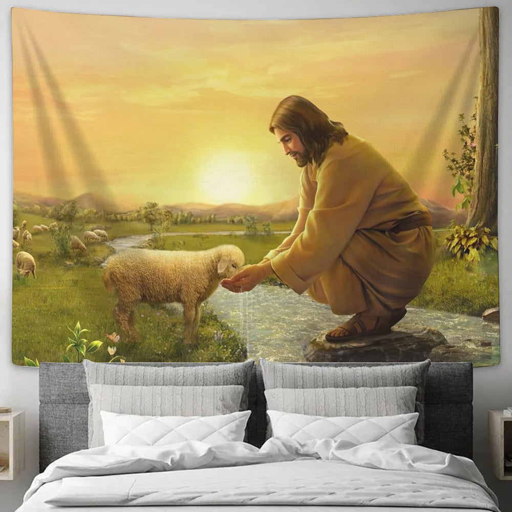 Jesus with Lamb Tapestry - Christ Giving A Lamb Water To Drink - Christian Tapestry - Jesus Wall Tapestry - Religious Tapestry - Ciaocustom