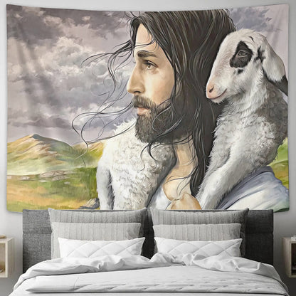 Good Shepherd - Jesus Carries His Sheep - Religious Wall Decor - Christian Wall Tapestry - Biblical Tapestries - Ciaocustom