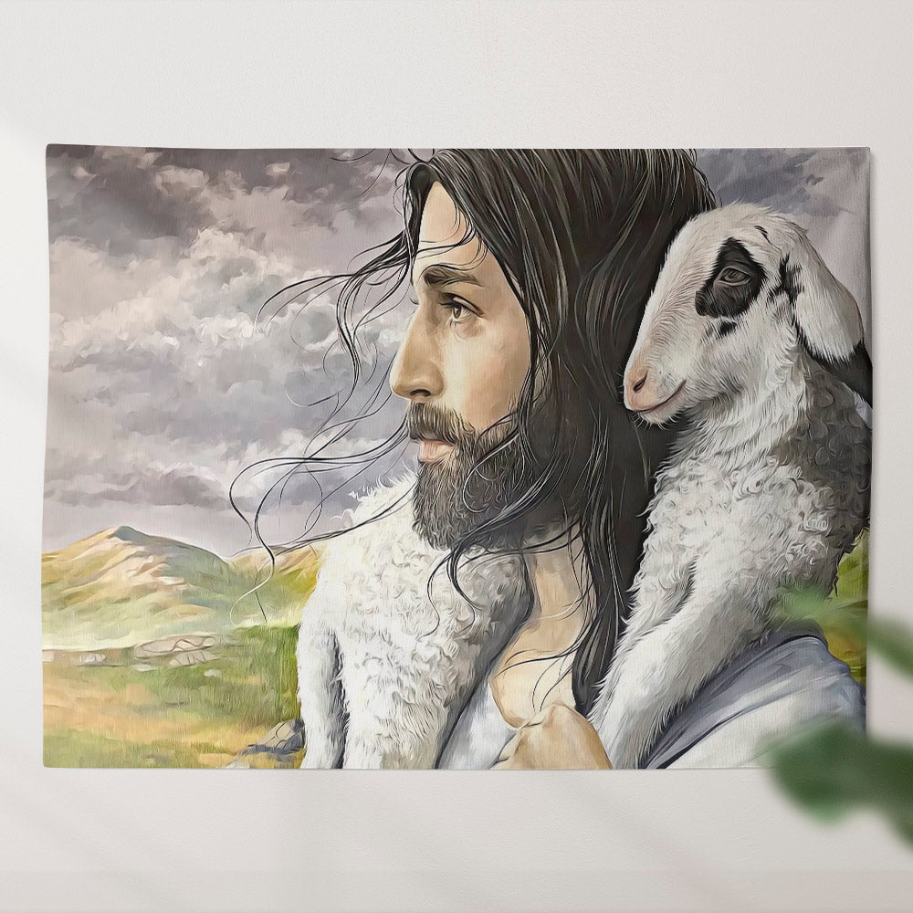 Good Shepherd - Jesus Carries His Sheep - Religious Wall Decor - Christian Wall Tapestry - Biblical Tapestries - Ciaocustom