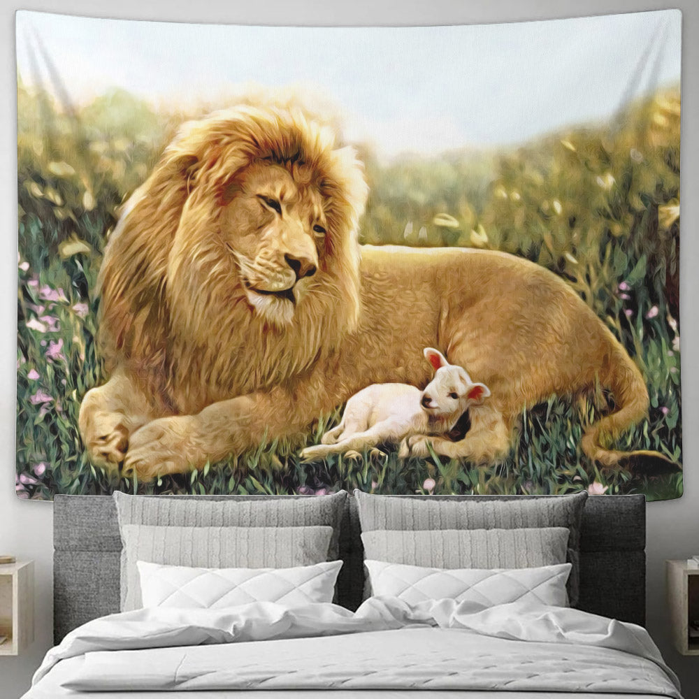 Lion Fell In Love With The Lambs - Religious Wall Decor - Christian Wall Tapestry - God Tapestry - Ciaocustom