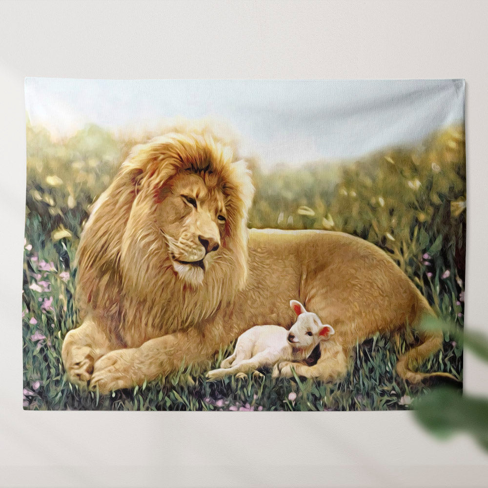 Lion Fell In Love With The Lambs - Religious Wall Decor - Christian Wall Tapestry - God Tapestry - Ciaocustom