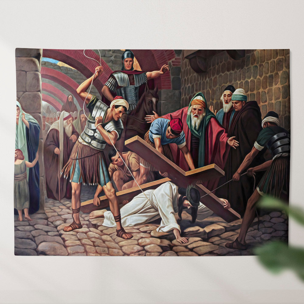 Jesus Falls For The Second Time - Religious Wall Decor - Christian Tapestry Wall Hanging - Christian Tapestry Wall Hanging - Ciaocustom