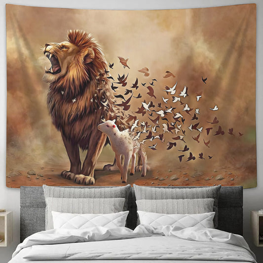 Lion And The Lamb - Religious Wall Decor - Christian Wall Tapestry - God Tapestry - Ciaocustom