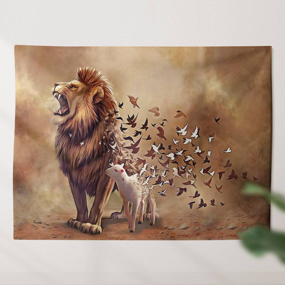 Lion And The Lamb - Religious Wall Decor - Christian Wall Tapestry - God Tapestry - Ciaocustom