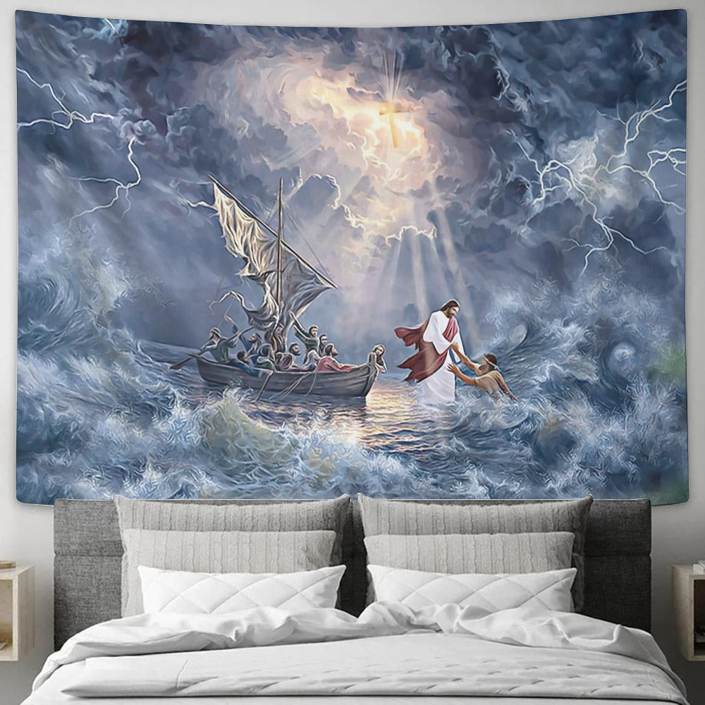 Jesus In The Storm At Sea - Jesus Calm The Storm - Religious Wall Decor - Christian Wall Tapestry - God Tapestry - Ciaocustom