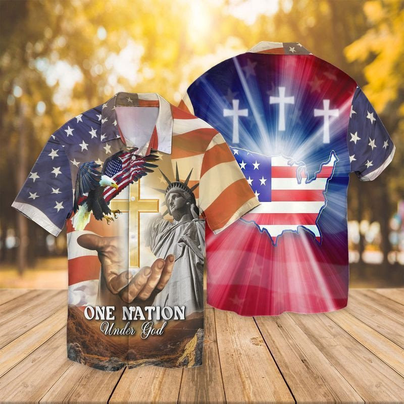 4th Of July Independence Day American Flag Jesus One Nation Under God Eagle Hawaiian Shirt - Christian Hawaiian Shirt for Men Women