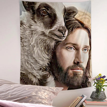 Jesus With Shepherd Tapestry - Jesus Tapestry - Religious Tapestry Wall Hanging - Jesus Wall Art - Lamb Of God Tapestry - Christian Gift -Ciaocustom