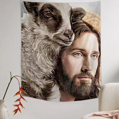 Jesus With Shepherd Tapestry - Jesus Tapestry - Religious Tapestry Wall Hanging - Jesus Wall Art - Lamb Of God Tapestry - Christian Gift -Ciaocustom