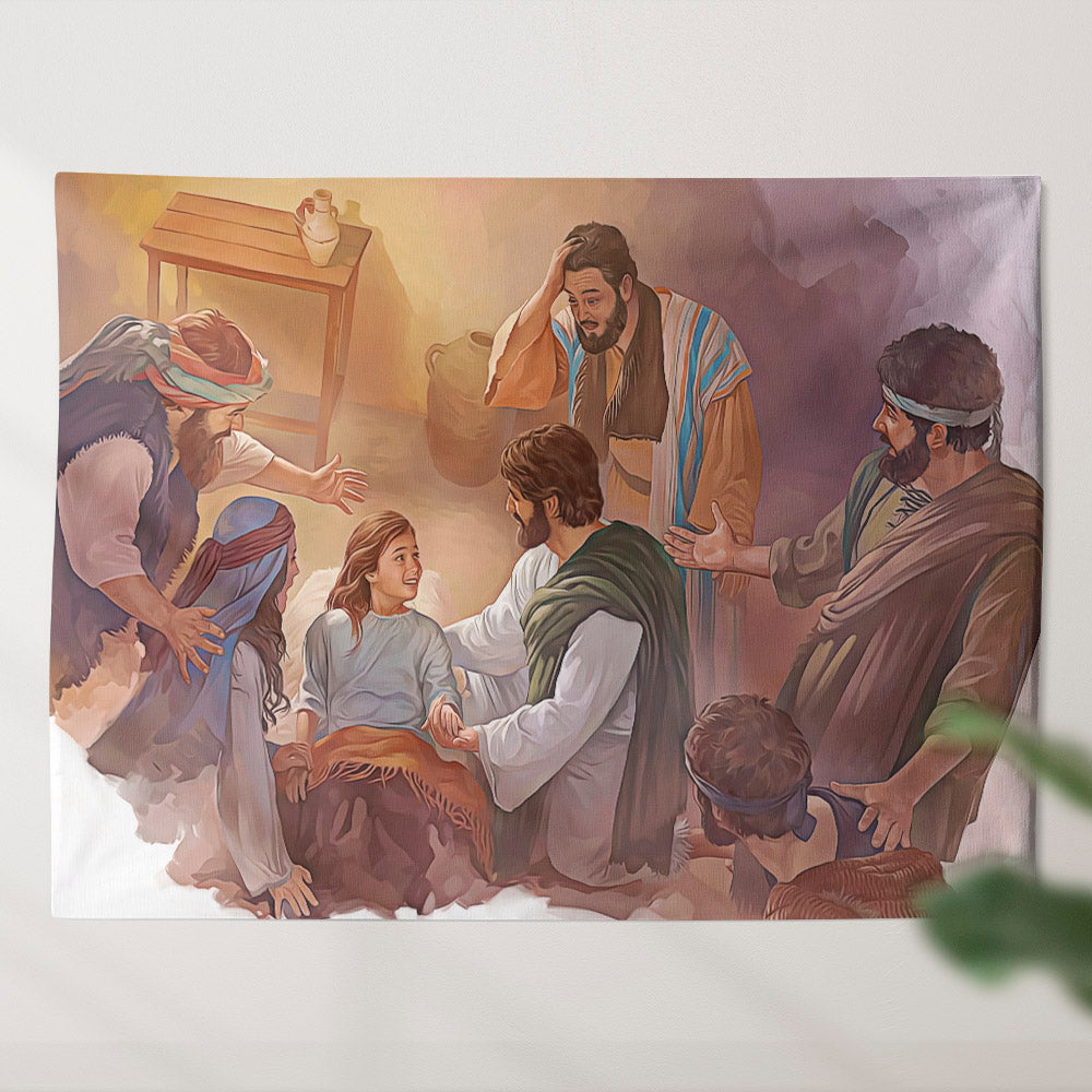 Jesus Resurrects Jairus’ Daughter - Religious Wall Decor - Christian Tapestry - Christian Tapestry Wall Hanging - Ciaocustom