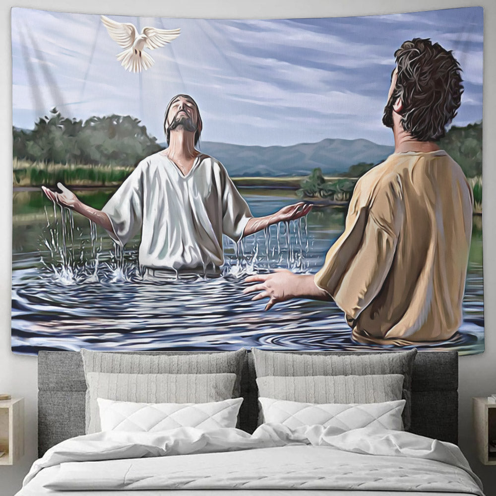 Baptism Of Jesus With Dove - Religious Wall Decor - Christian Tapestry - Christian Tapestry Wall Hanging - Ciaocustom