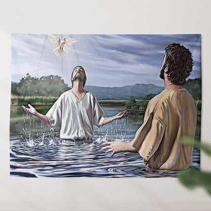 Baptism Of Jesus With Dove - Religious Wall Decor - Picture Of Jesus Baptism With Dove - Christian Tapestry Wall Hanging - Ciaocustom