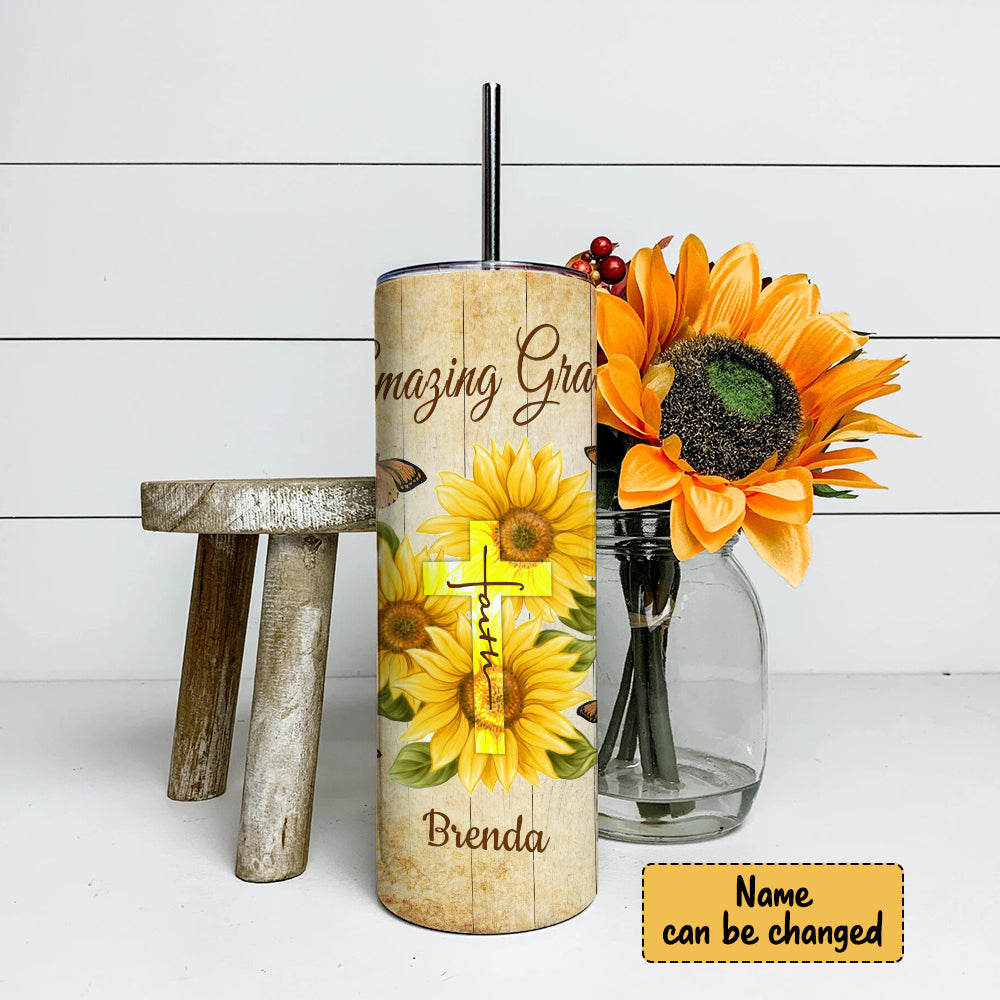 Amazing Grace - Sunflower And Cross - Personalized Tumbler - Stainless Steel Tumbler - 20 oz Skinny Tumbler - Tumbler For Cold Drinks - Ciaocustom