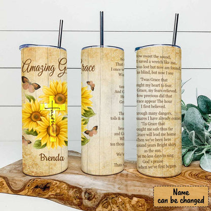 Amazing Grace - Sunflower And Cross - Personalized Tumbler - Stainless Steel Tumbler - 20 oz Skinny Tumbler - Tumbler For Cold Drinks - Ciaocustom