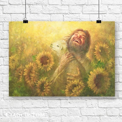 Jesus And Lamb In The Sunflower Garden - Jesus Canvas Painting - Jesus Canvas Art - Jesus Poster - Jesus Canvas - Christian Gift - Ciaocustom