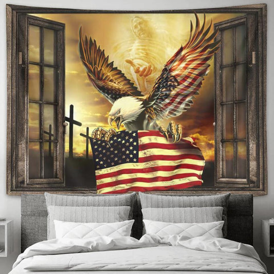 Eagle - Flag And Jesus - Jesus Christ Tapestry Wall Art - Tapestry Wall Hanging - Christian Wall Art - Tapestries - Ciaocustom