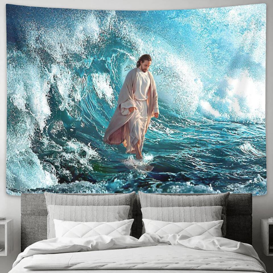 Jesus Walks On The Sea - Jesus Christ Tapestry Wall Art - Tapestry Wall Hanging - Christian Wall Art - Ciaocustom