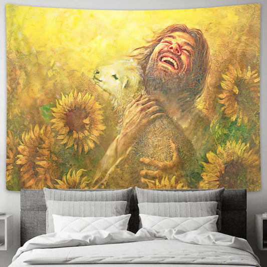 Jesus And Lamp - Sunflowers - Jesus Christ Tapestry Wall Art - Tapestry Wall Hanging - Christian Wall Art - Ciaocustom