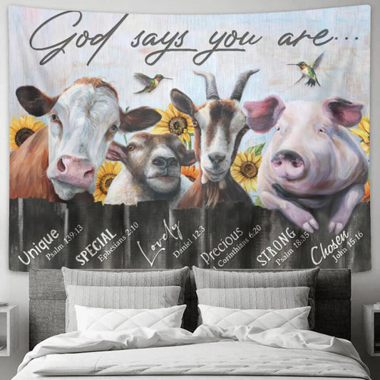 God Says You Are - Cow And Pig - Jesus Christ Tapestry Wall Art - Tapestry Wall Hanging - Christian Wall Art - Ciaocustom