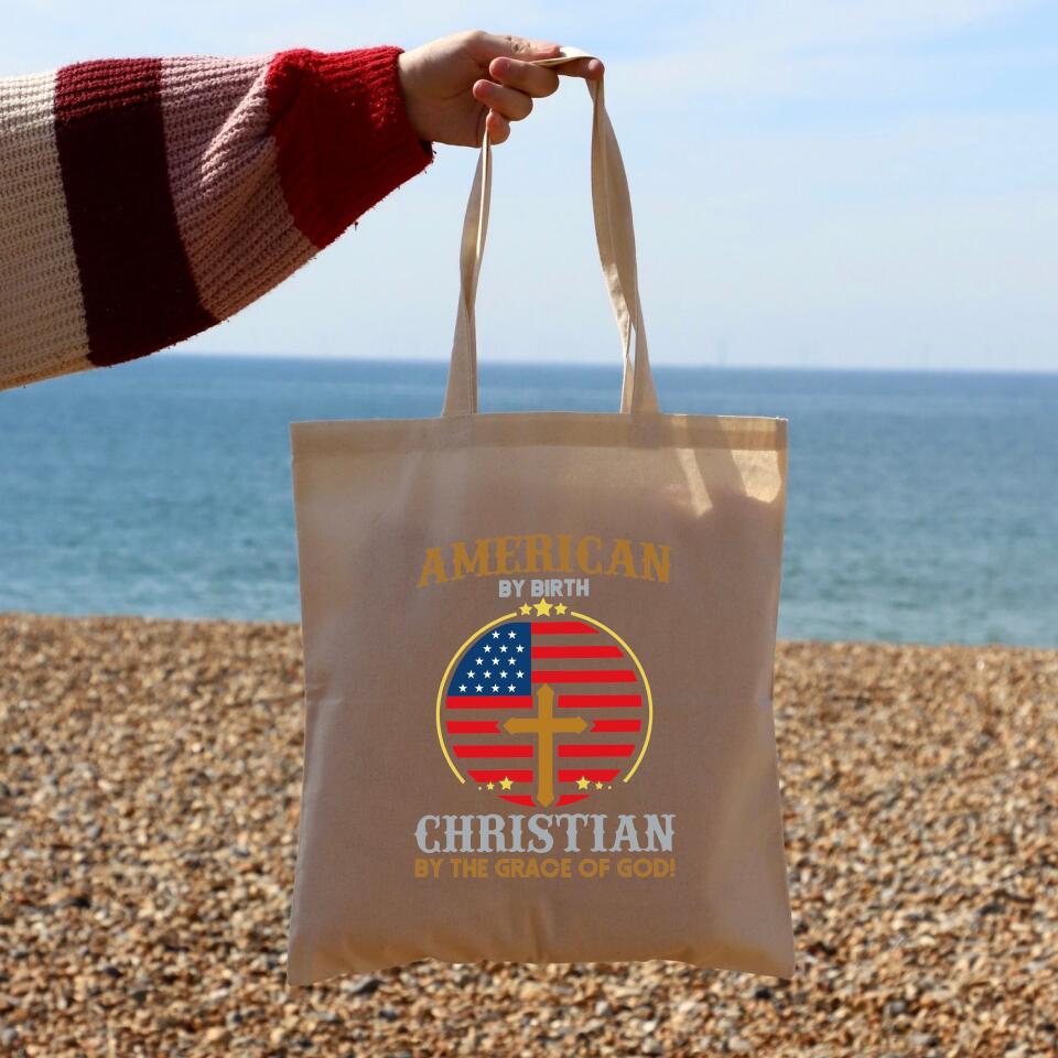 American By Birth Canvas Tote Bags - Christian Tote Bags - Printed Canvas Tote Bags - Cute Tote Bags - Religious Tote Bags - Gift For Christian - Ciaocustom