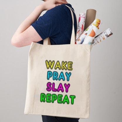 Wake Pray Slay Repeat Canvas Tote Bags - Christian Tote Bags - Printed Canvas Tote Bags - Cute Tote Bags - Christian Tote Bags - Ciaocustom
