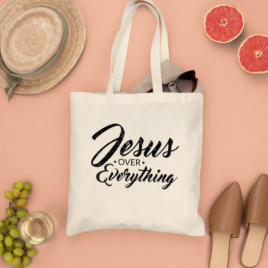 Jesus Over Everything Canvas Tote Bags - Christian Tote Bags - Printed Canvas Tote Bags - Religious Tote Bags - Gift For Christian - Ciaocustom