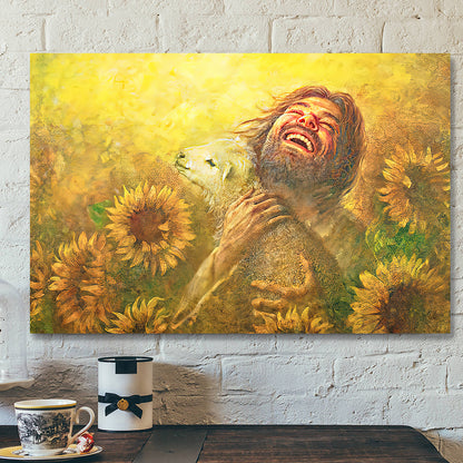 Jesus And Lamb In Field Of Sun Flowers Wall Art - Christian Canvas Wall Art - Jesus Canvas Poster - Ciaocustom