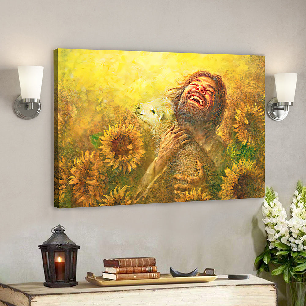 Jesus And Lamb In Field Of Sun Flowers Wall Art - Christian Canvas Wall Art - Jesus Canvas Poster - Ciaocustom