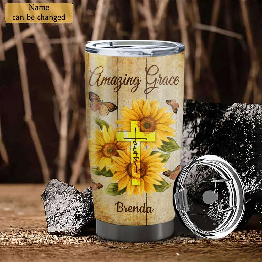 Amazing Grace - Sunflower And Cross - Personalized Tumbler - Stainless Steel Tumbler - 20oz Tumbler - Tumbler For Cold Drinks - Ciaocustom