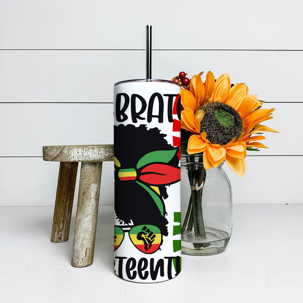 Celebrate - Juneteenth Tumbler - Stainless Steel Tumbler - 20 oz Skinny Tumbler - Tumbler For Cold Drinks - Ciaocustom