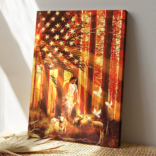 Scripture Canvas Wall Art - Jesus Canvas - Walking With The Lambs - Jesus In Flag American Canvas Poster - God Canvas - Ciaocustom