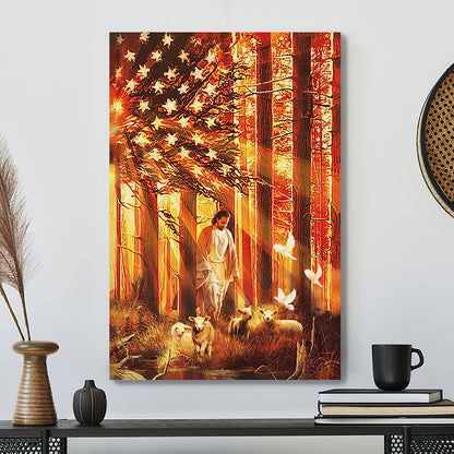 Scripture Canvas Wall Art - Jesus Canvas - Walking With The Lambs - Jesus In Flag American Canvas Poster - Ciaocustom