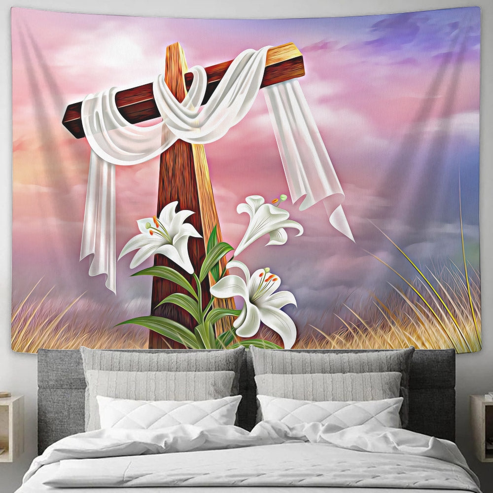 Easter Cross Flowers - Biblical Tapestries - God Tapestry - Christian Tapestry Wall Hanging - Ciaocustom