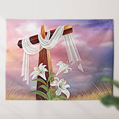 Easter Cross Flowers - Biblical Tapestries - God Tapestry - Christian Tapestry Wall Hanging - Ciaocustom