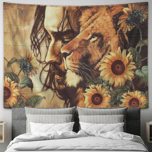 Sunflower Lion And Jesus Tapestry - Jesus Pictures - Jesus Wall Art - Religious Tapestry - Christian Wall Tapestry - Bible Verse Wall - Ciaocustom