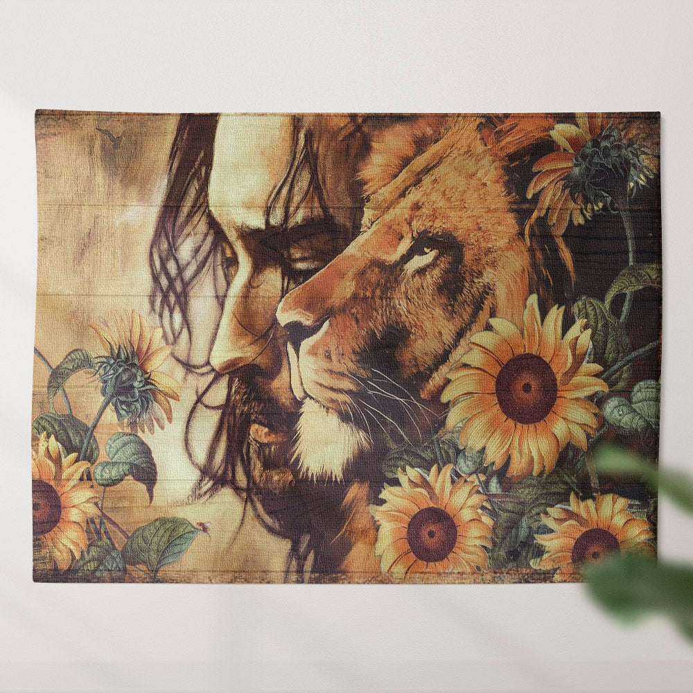 Sunflower Lion And Jesus Tapestry - Jesus Pictures - Jesus Wall Art - Religious Tapestry - Christian Wall Tapestry - Bible Verse Wall - Ciaocustom