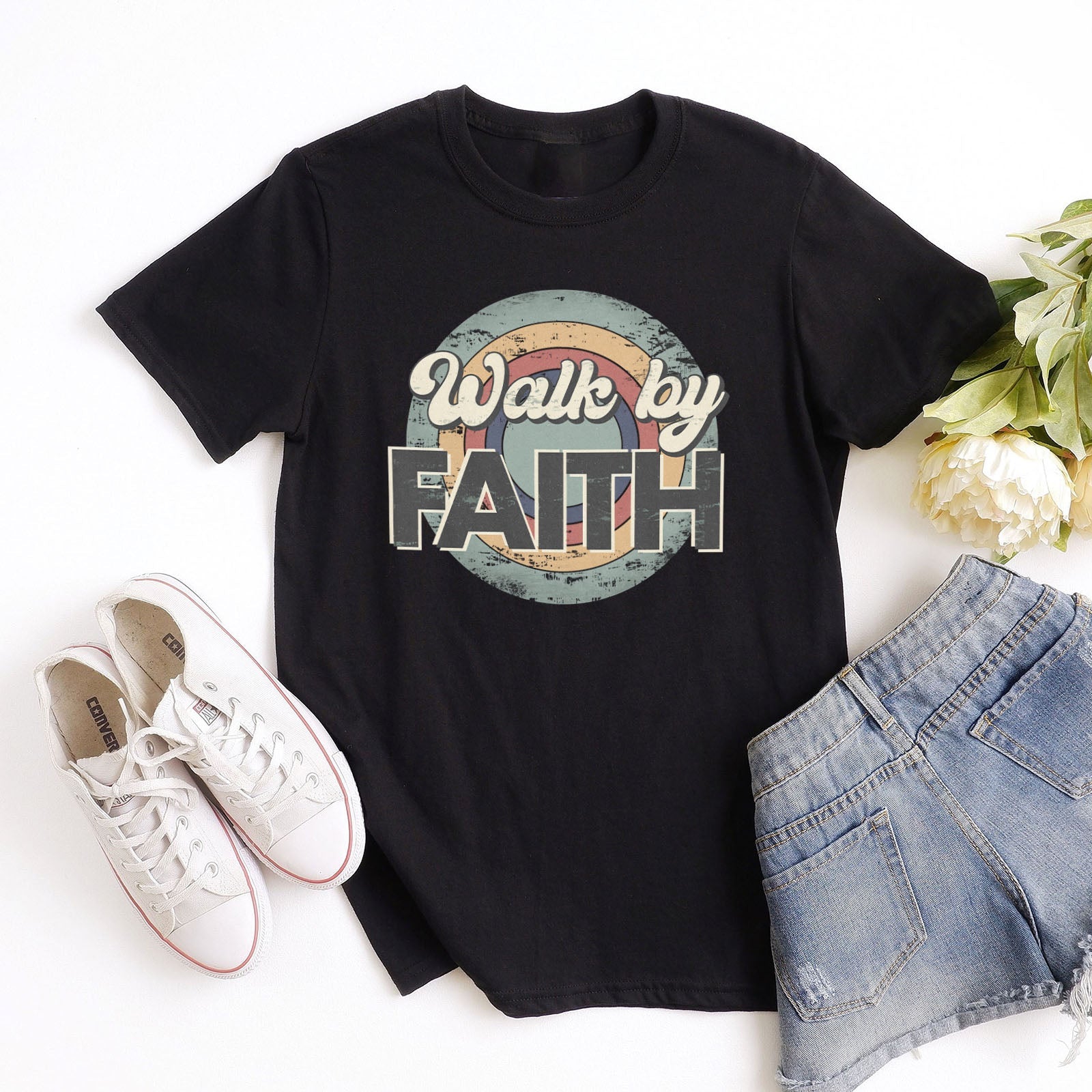 Retro Walk By Faith Tee Shirts For Women - Christian Shirts for Women - Religious Tee Shirts