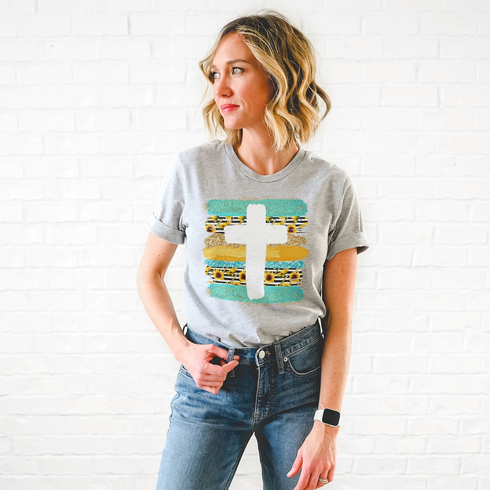 Cross Brushstrokes Sunflower Tee Shirts For Women - Christian Shirts for Women - Religious Tee Shirts