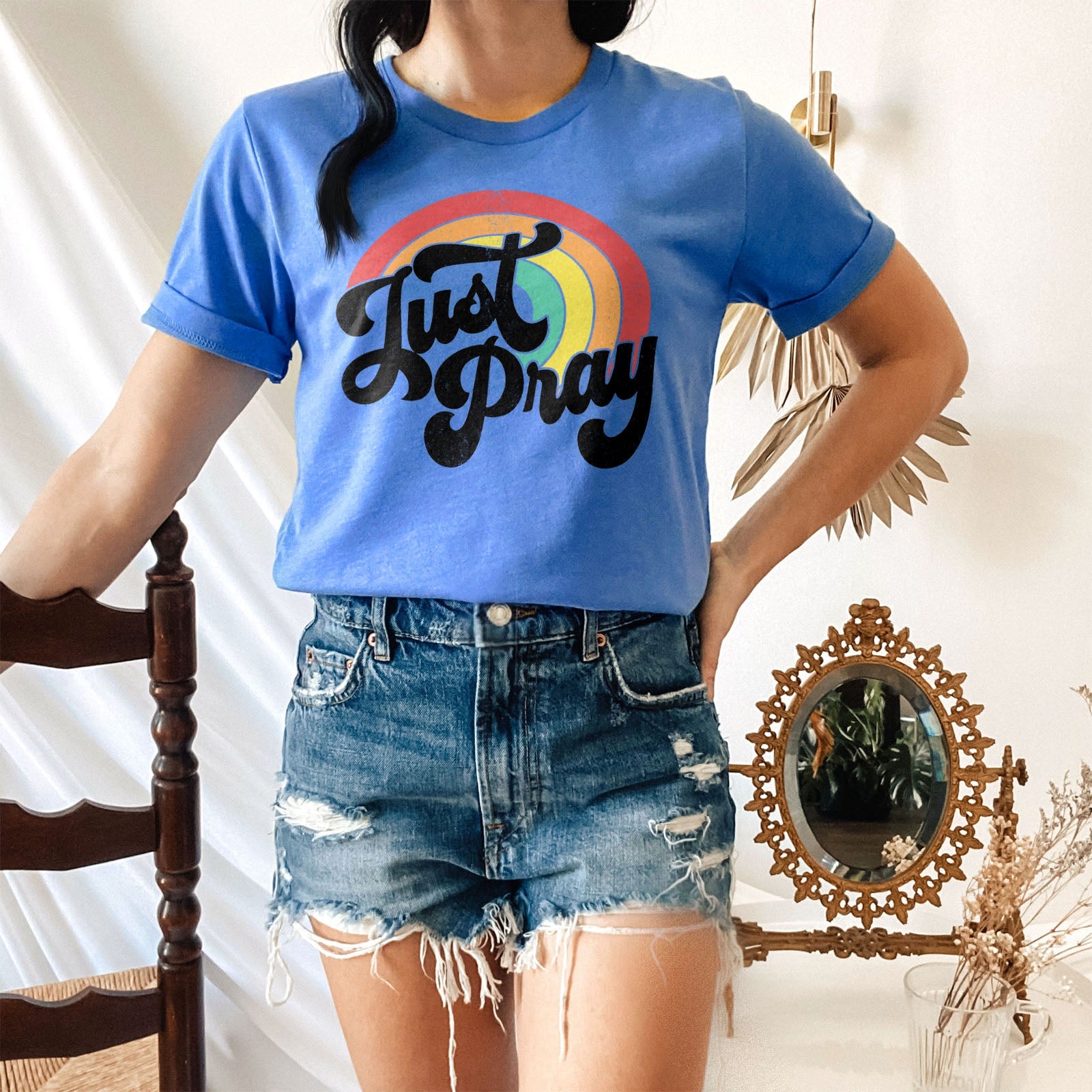 Just Pray Vintage Rainbow Tee Shirts For Women - Christian Shirts for Women - Religious Tee Shirts